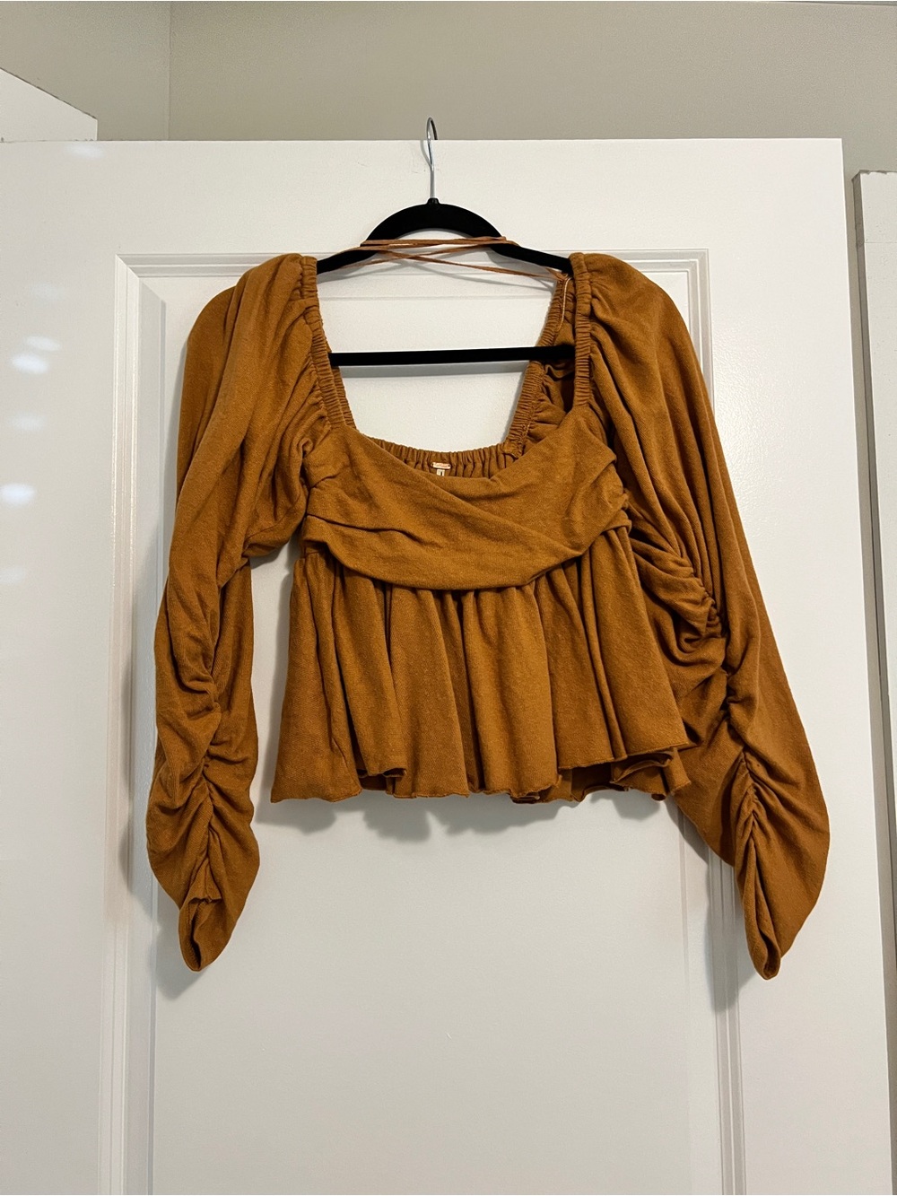 Free People Mustard Ruched Long-Sleeve Peplum Blouse
